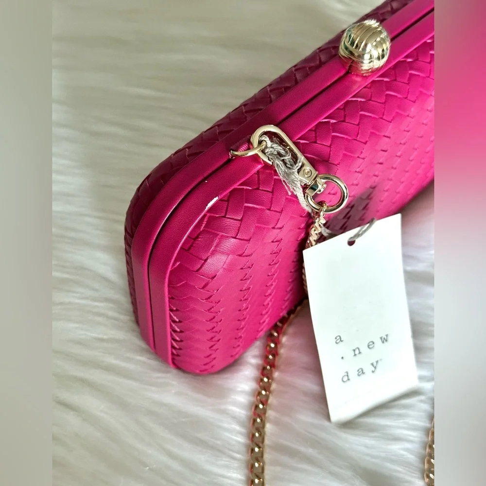 NWT A New Day Woven Minaudière Clutch Crossbody Elegant Hot Pink Bag